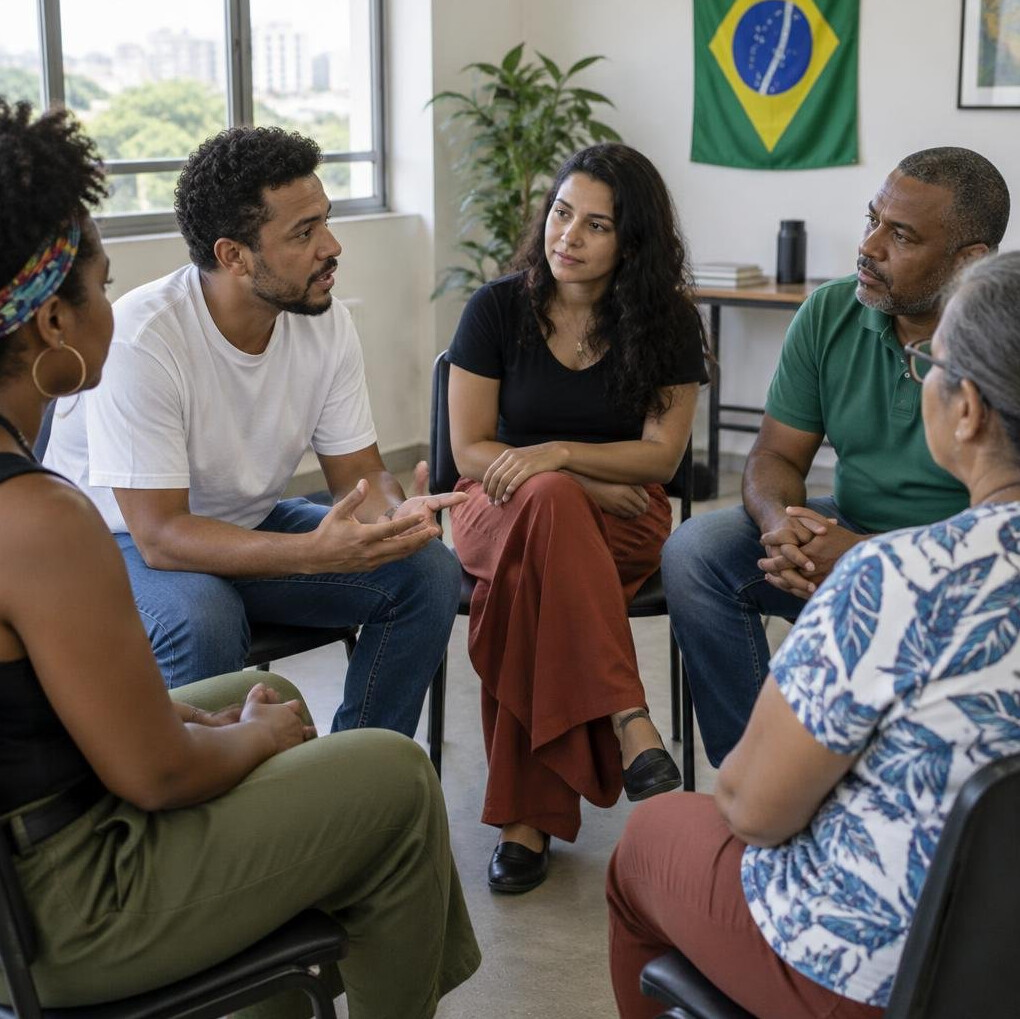 Small group discussion seated in a circle indoors